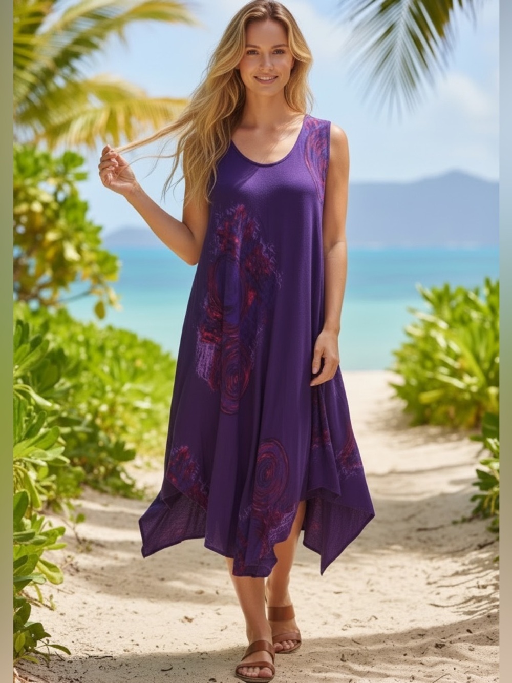 Purple Sleeveless Handkerchief Hem High-Low Resort Beach Flowy Maxi Sundress L